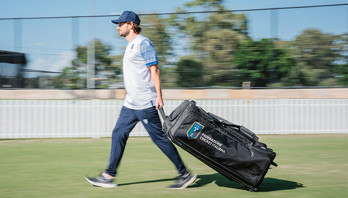 Joe Burns from Cricket Italy with a Cooper Cricket custom cricket bag