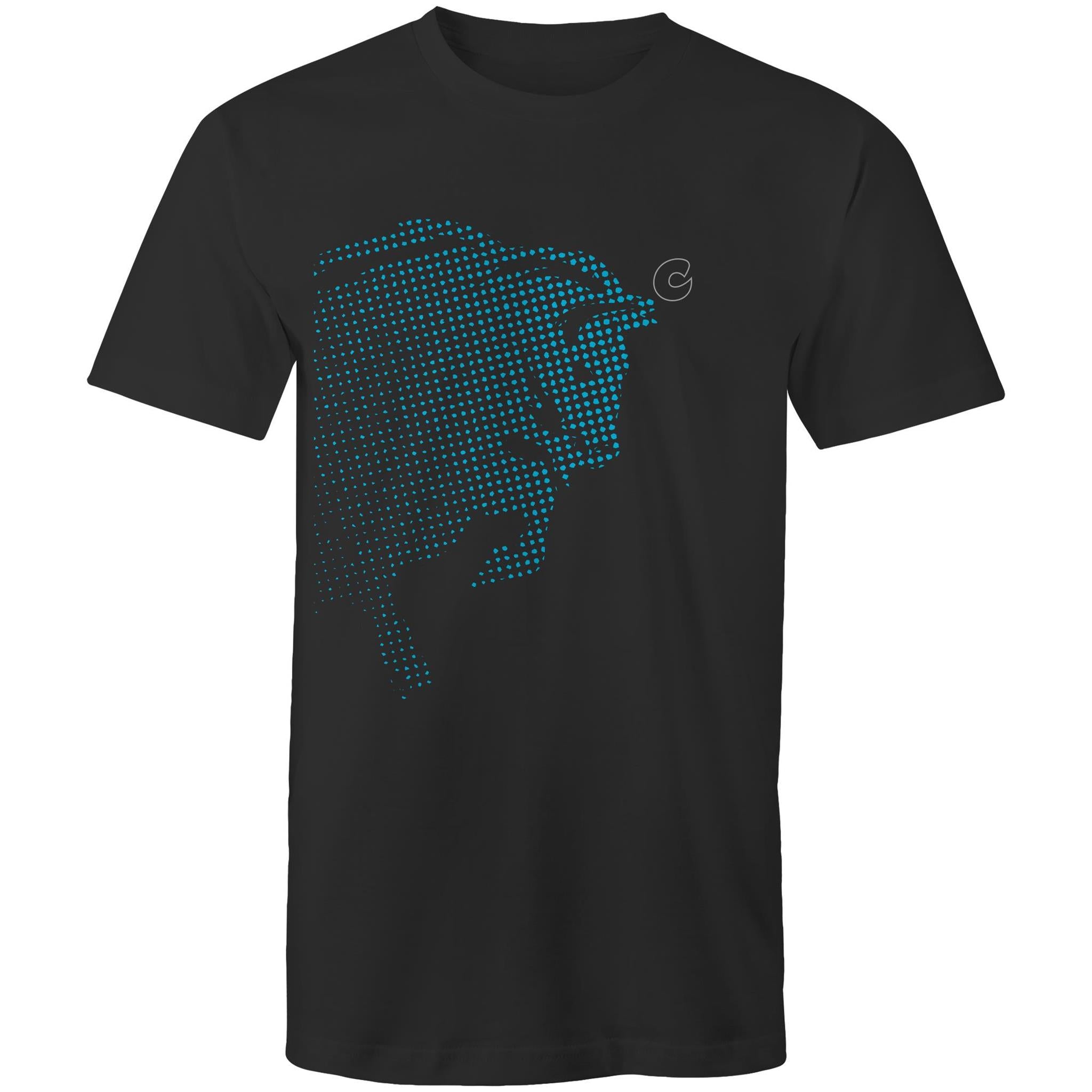 Cooper Bison T-Shirt in black with a turquoise dotted bison graphic design, showcasing a modern and comfy style.
