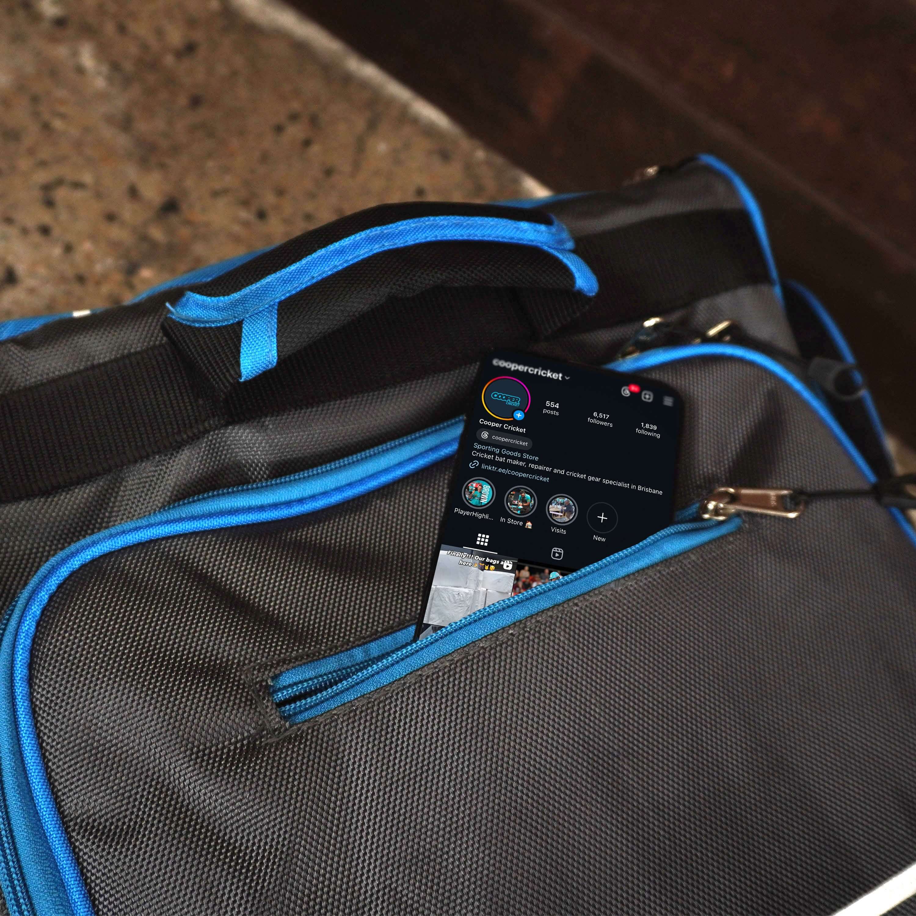 Close-up of the LK7 cricket bag with zippered pockets, highlighting durable design and practicality for cricketers.