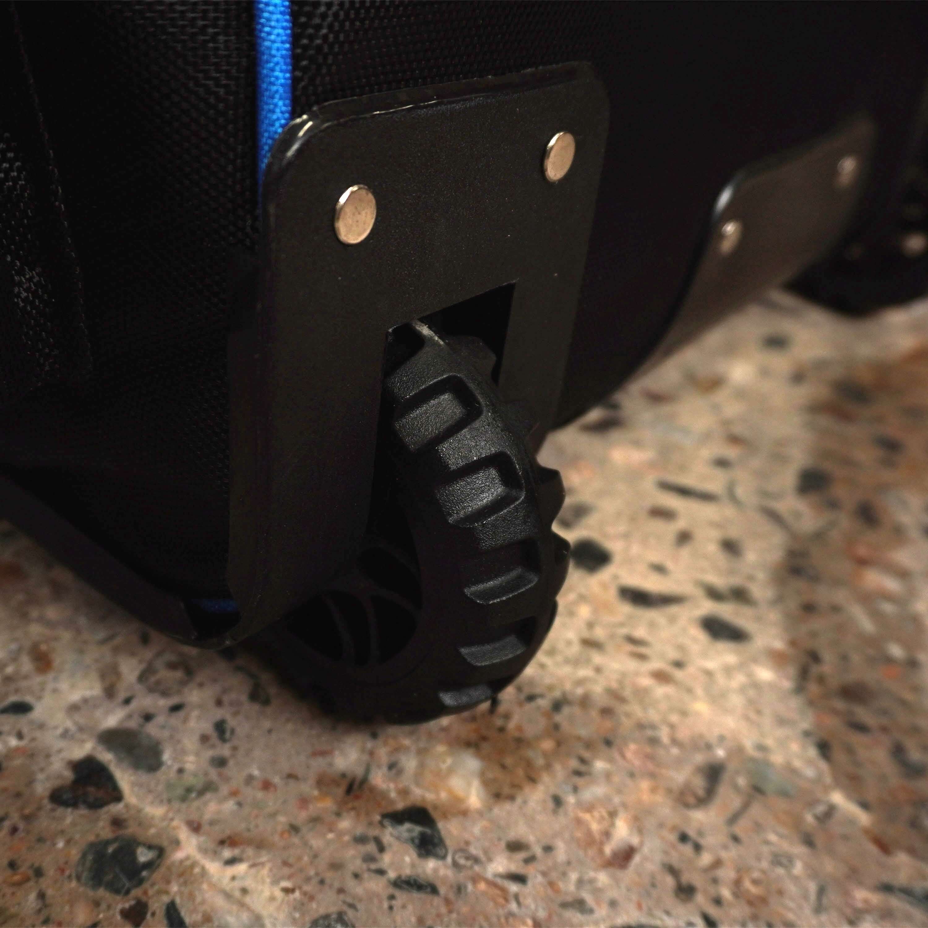 Close-up of durable wheel on LK7 cricket bag, highlighting its mobility and sturdy construction.