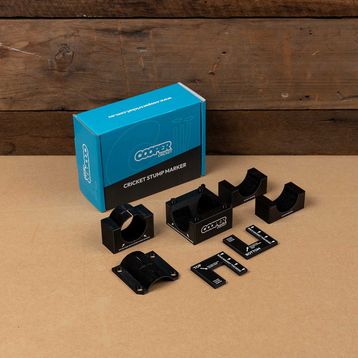 Cricket Stump Marker components with packaging for precise custom stump sticker alignment.