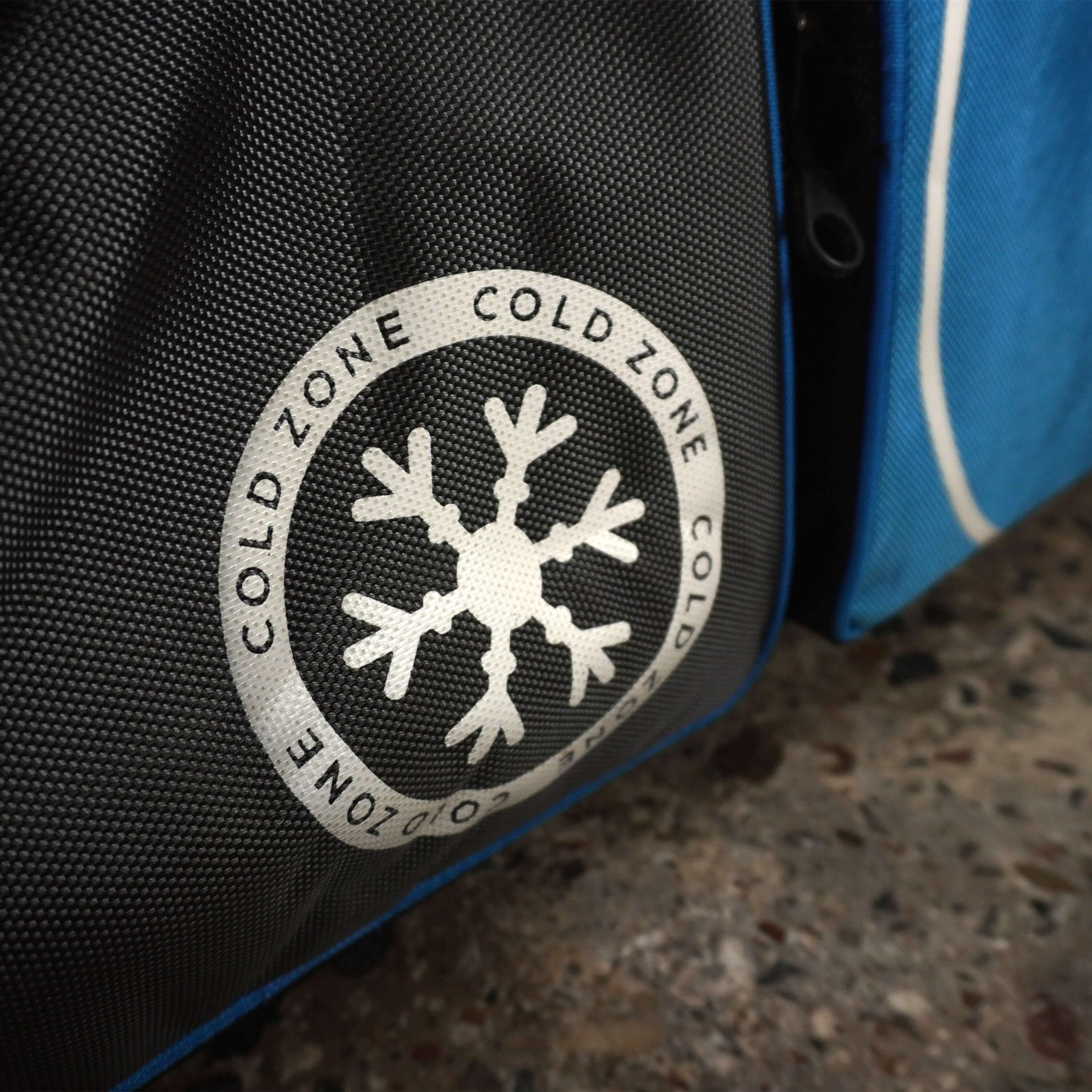 Close-up of LK9 Cricket Bag's Cold Zone pocket with snowflake design, showcasing specialized cooling compartment for drinks.