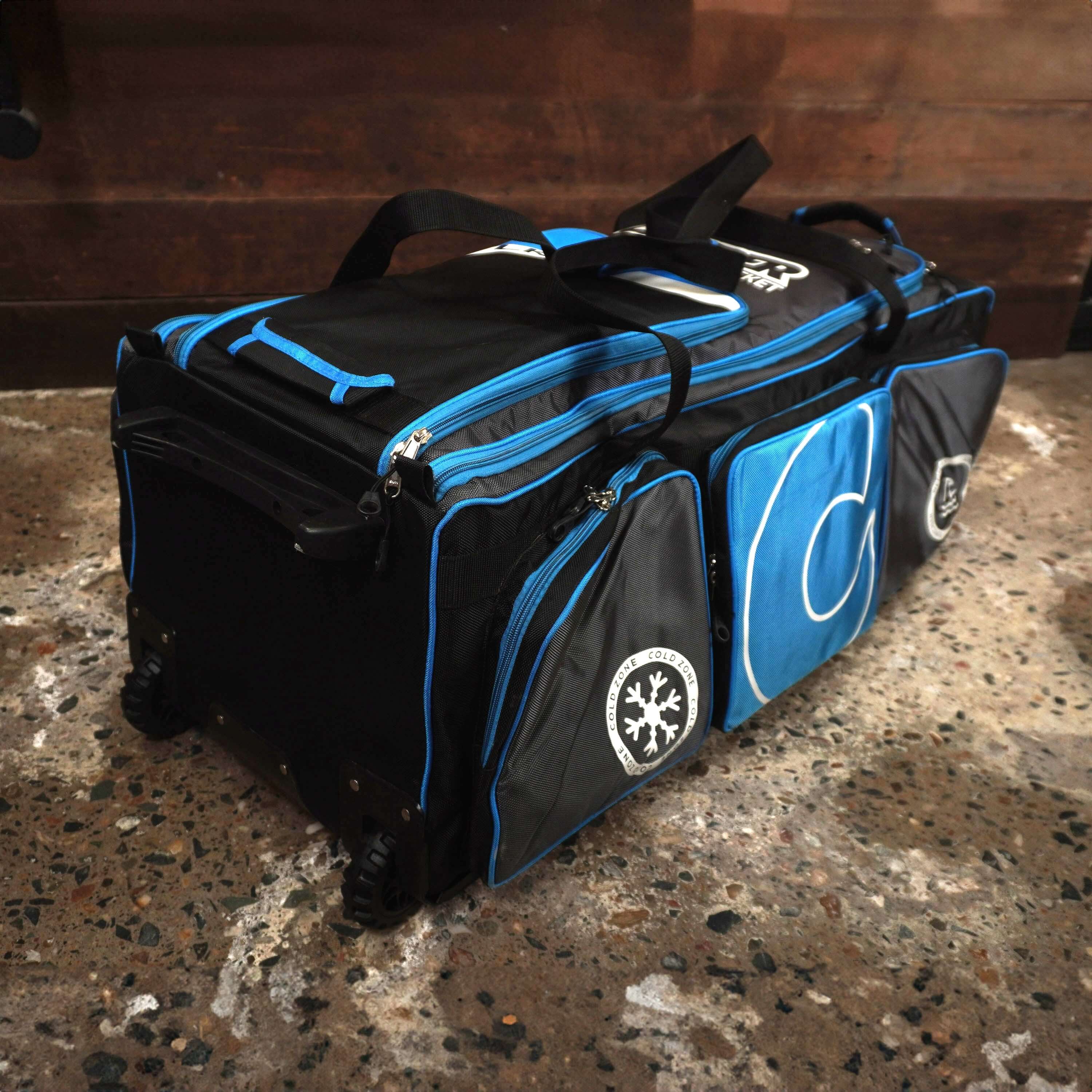 LK9 cricket bag with multiple compartments and wheels, designed for cricketers needing ample storage for gear and up to 3 bats.