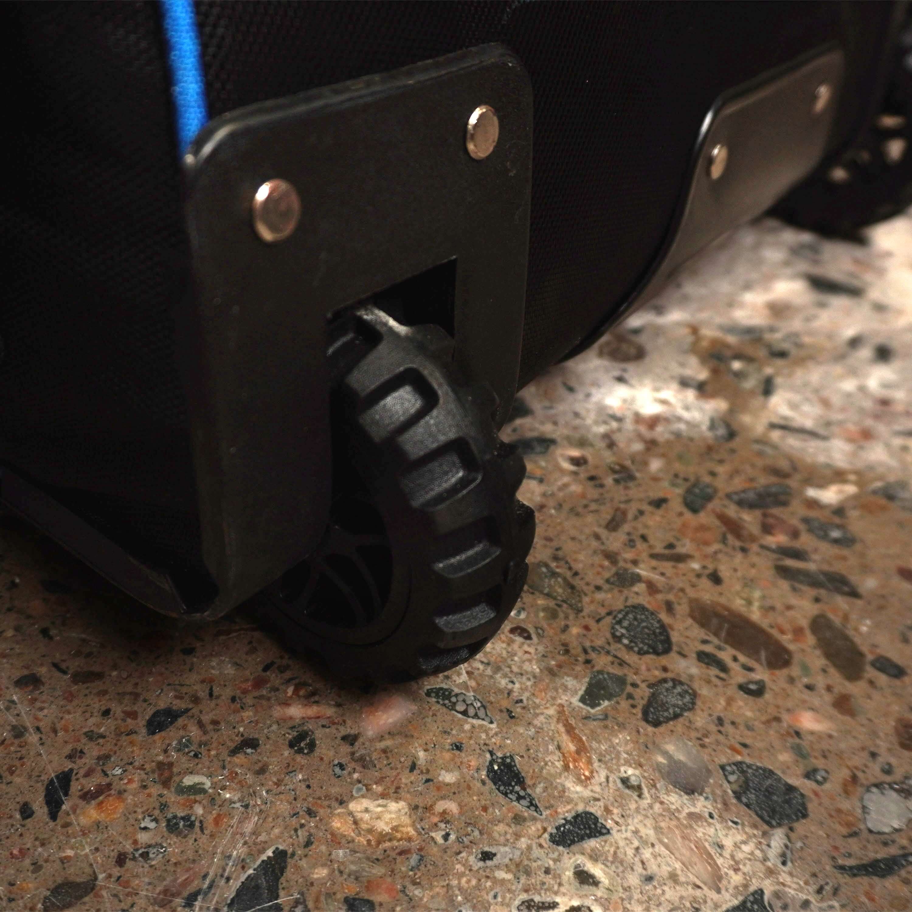 Close-up of durable wheel on LK9 Cricket Bag for easy transport