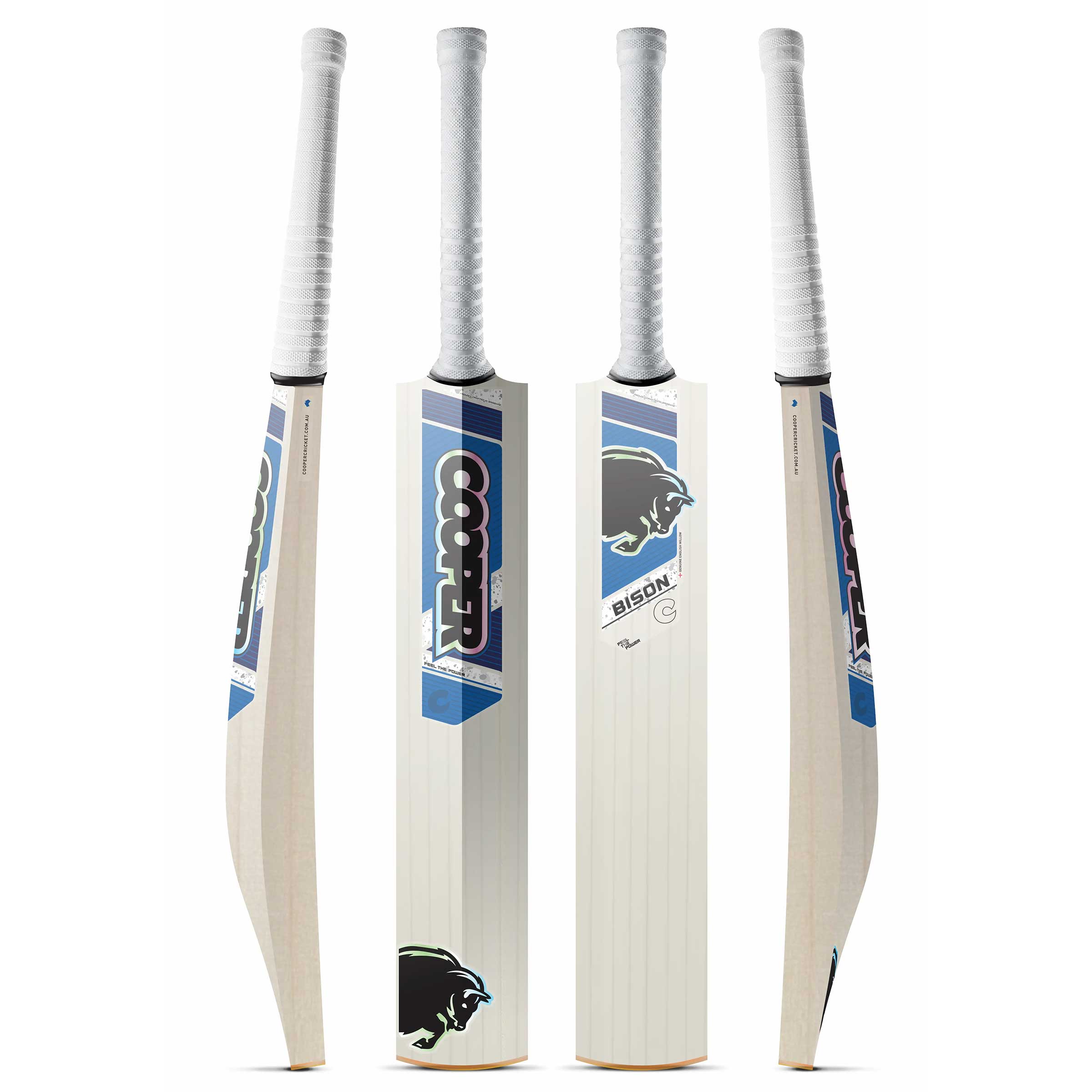 Cooper Bison cricket bat, Subtle colourway, four angles
