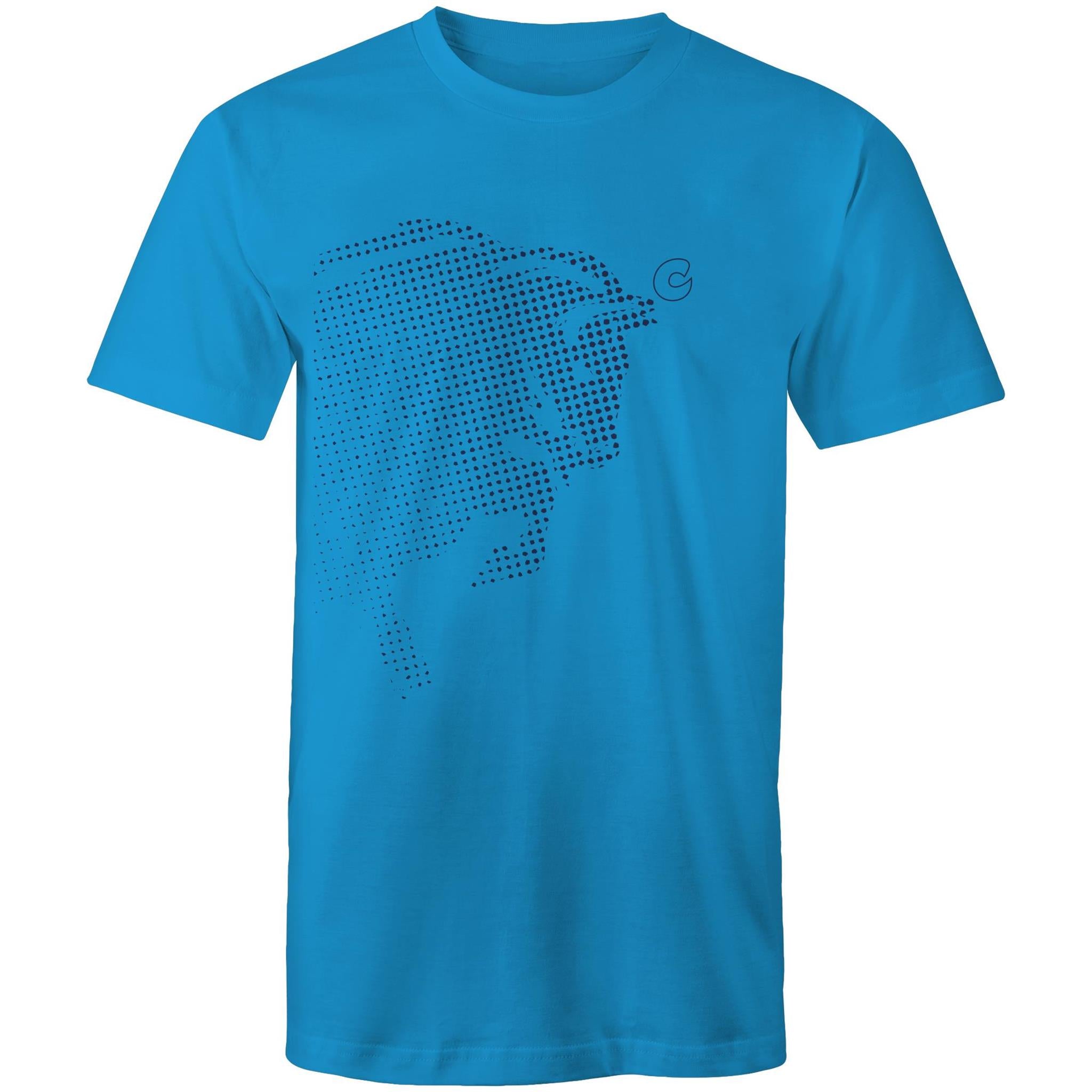 Blue Cooper Bison T-Shirt featuring a dotted bison graphic, made from soft 100% cotton for comfort.