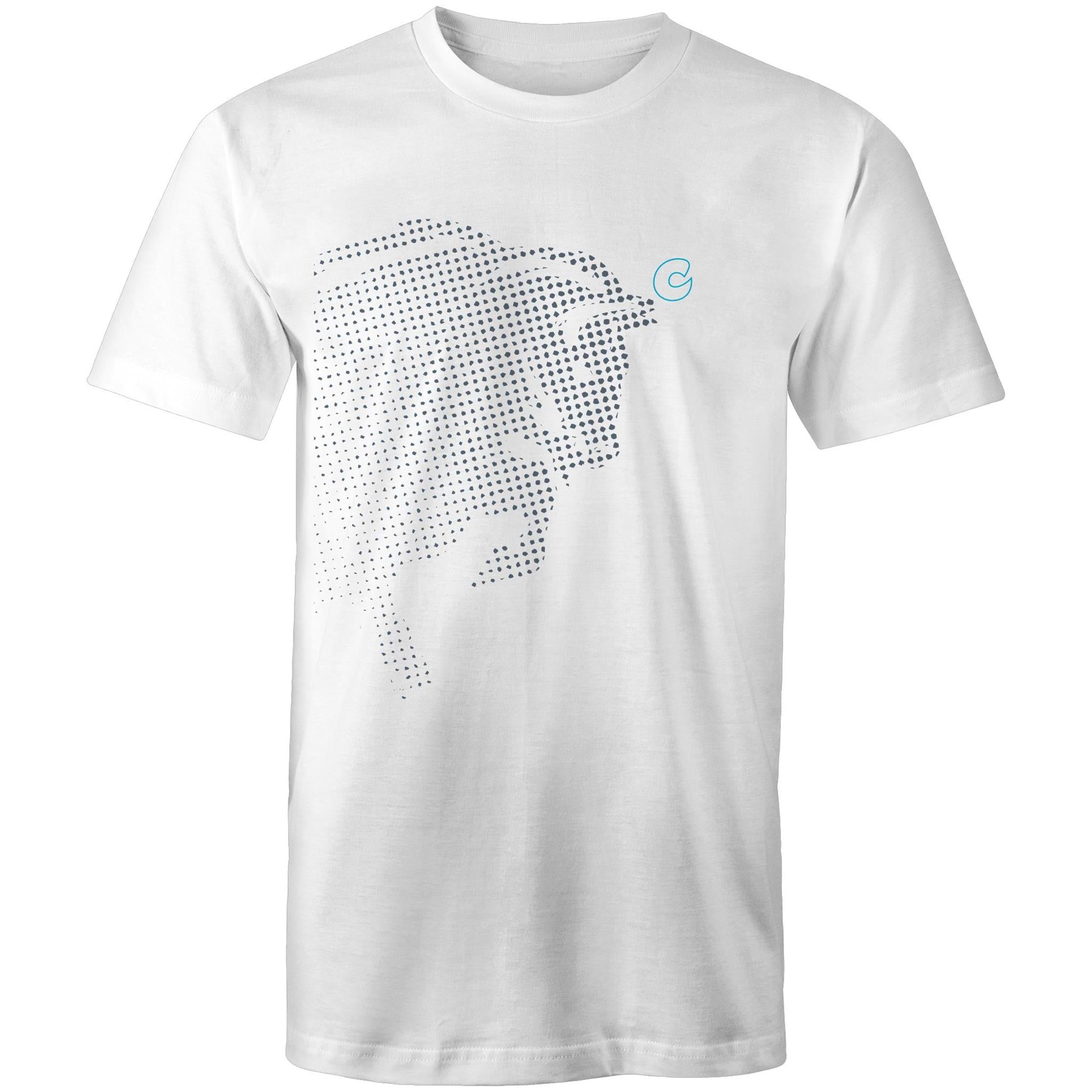 Cooper Bison T-Shirt featuring dotted bison graphic on a soft white fabric. Ideal for comfort and style.