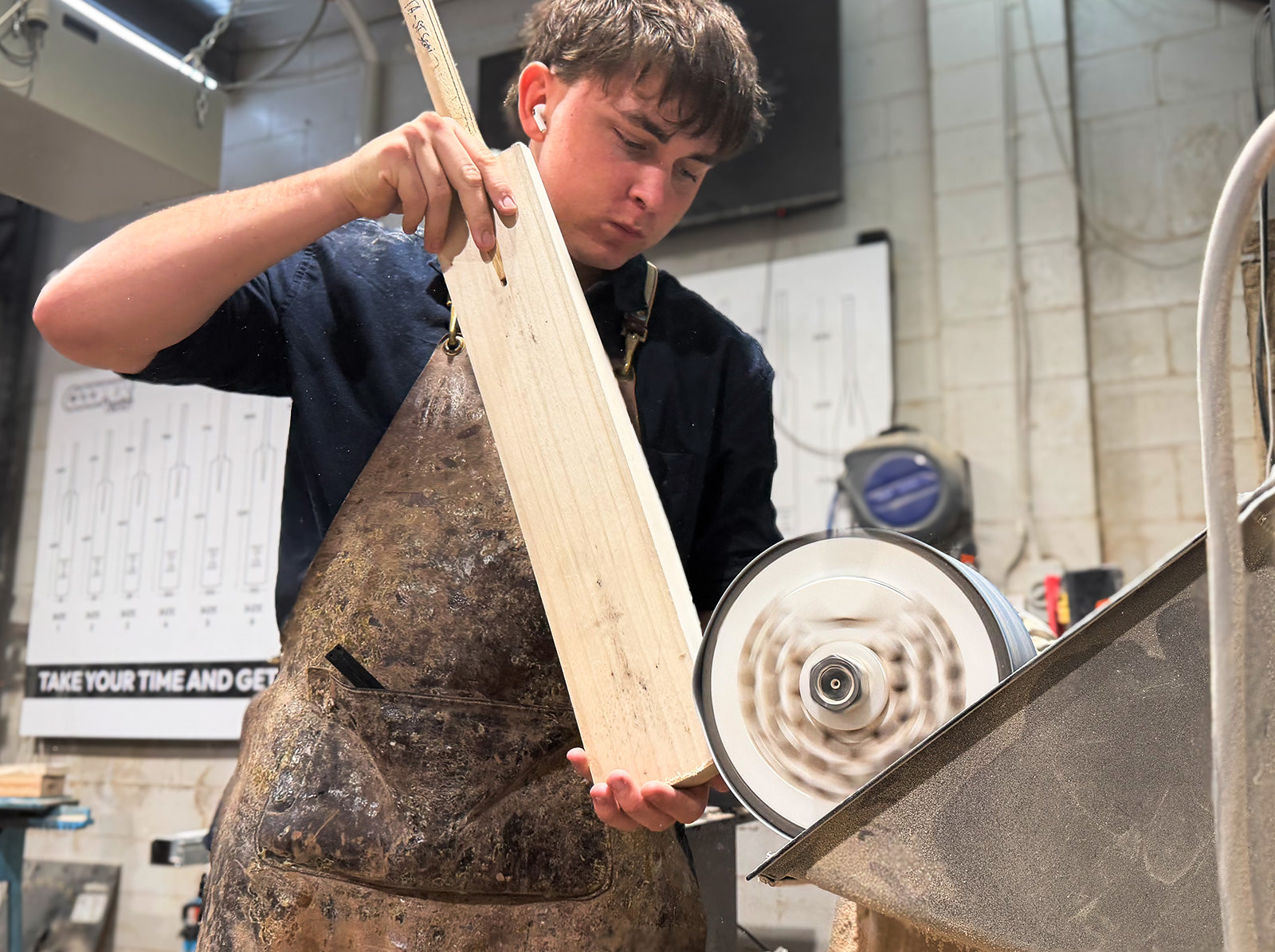 Custom cricket bat making: sanding the blade in the Brisbane workshop