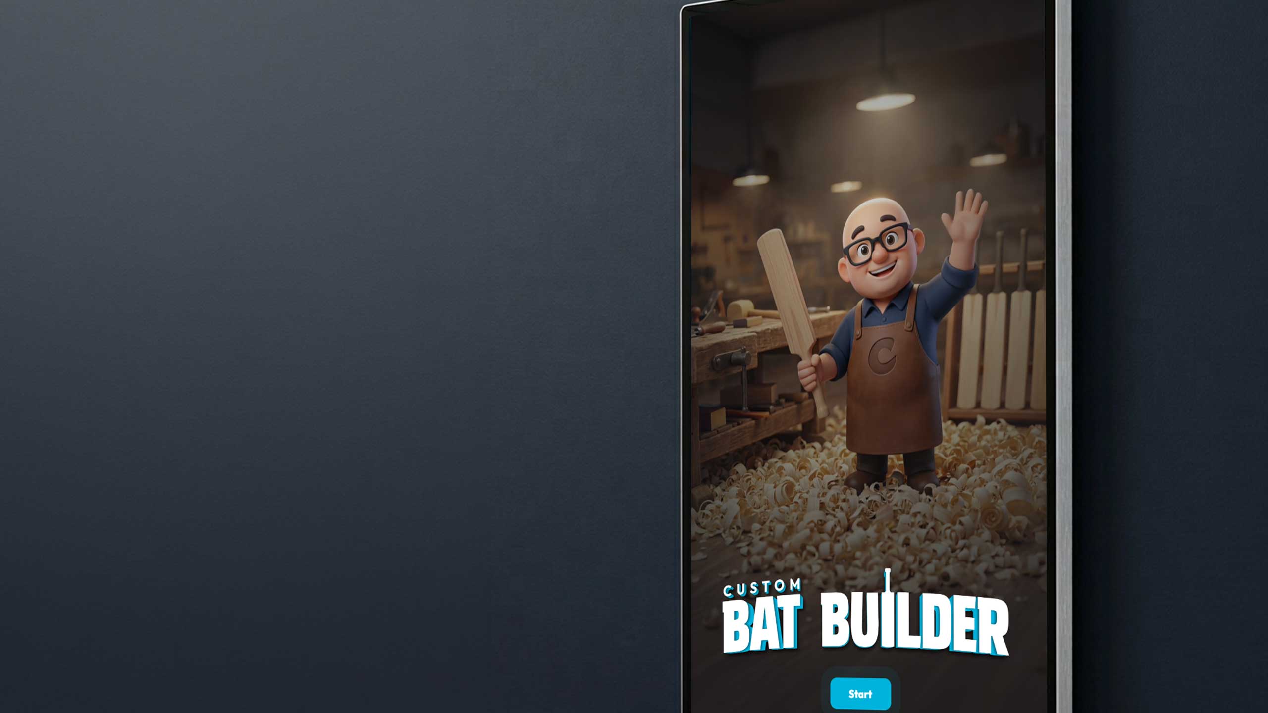 Bat Builder page hero: kiosk splash screen with the bat maker