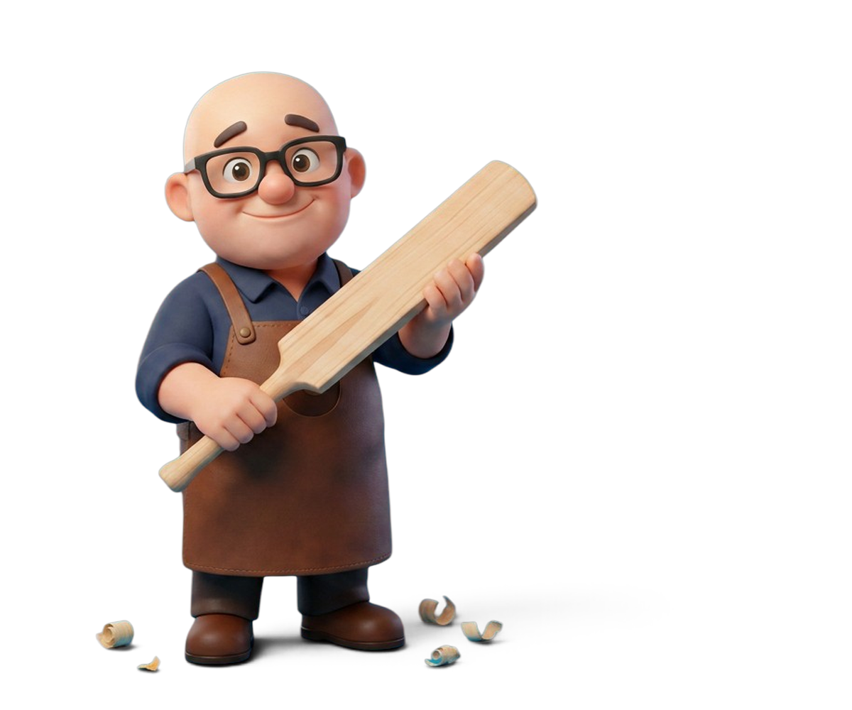 Rod Grey holding a cricket bat with willow curls at his feet