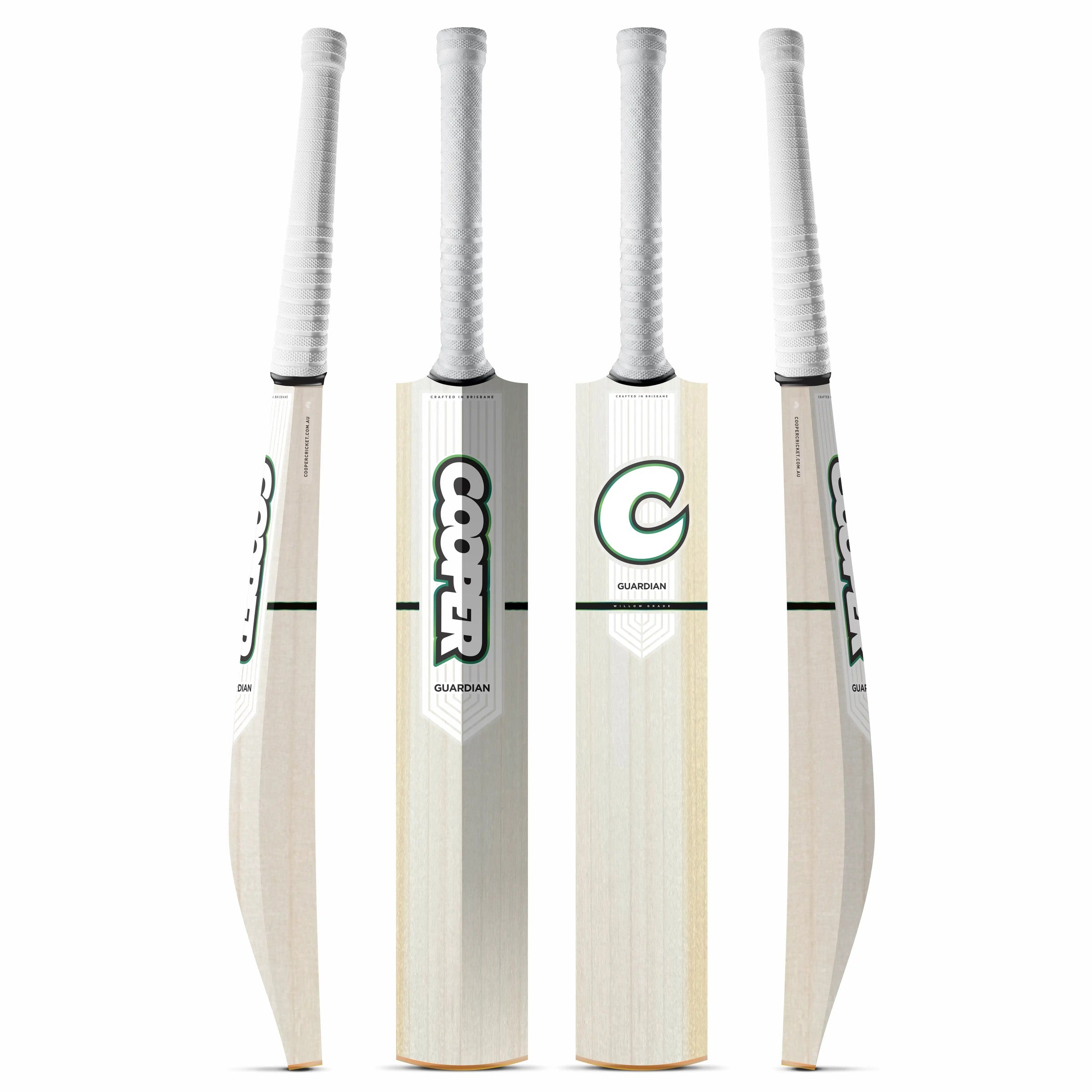 Cooper Guardian standard cricket bat, white green colourway, four angles