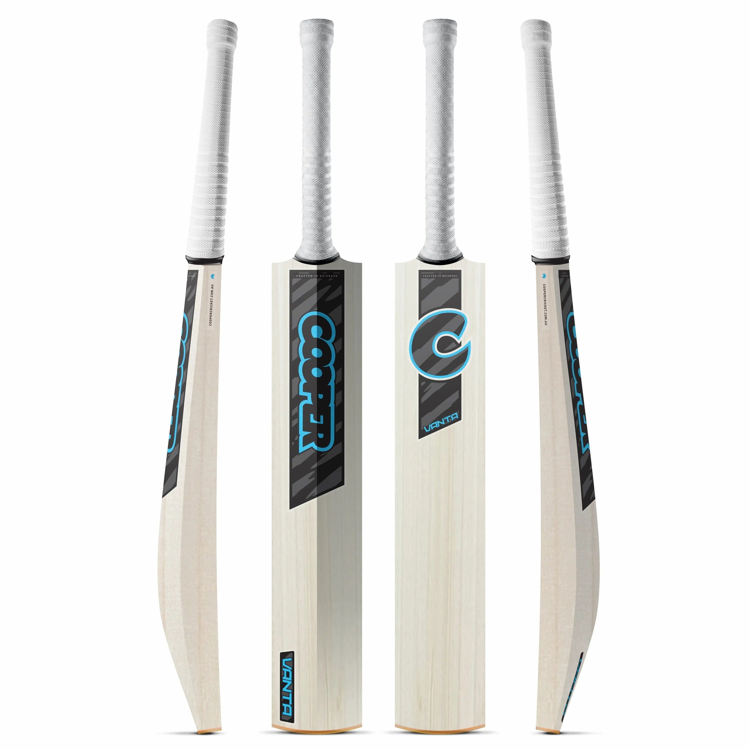 Cooper Vanta junior cricket bat, black and blue colourway, four angles