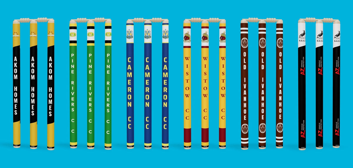 Six custom stump sets designed online by clubs and sponsors