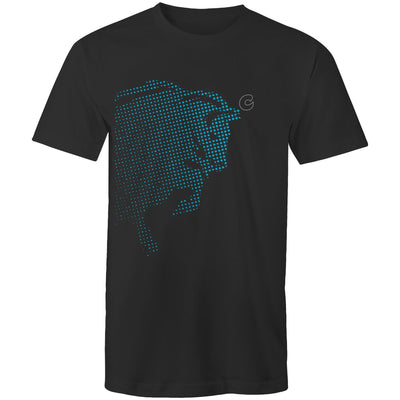 Cooper Bison T-Shirt in black with a turquoise dotted bison graphic design, showcasing a modern and comfy style.