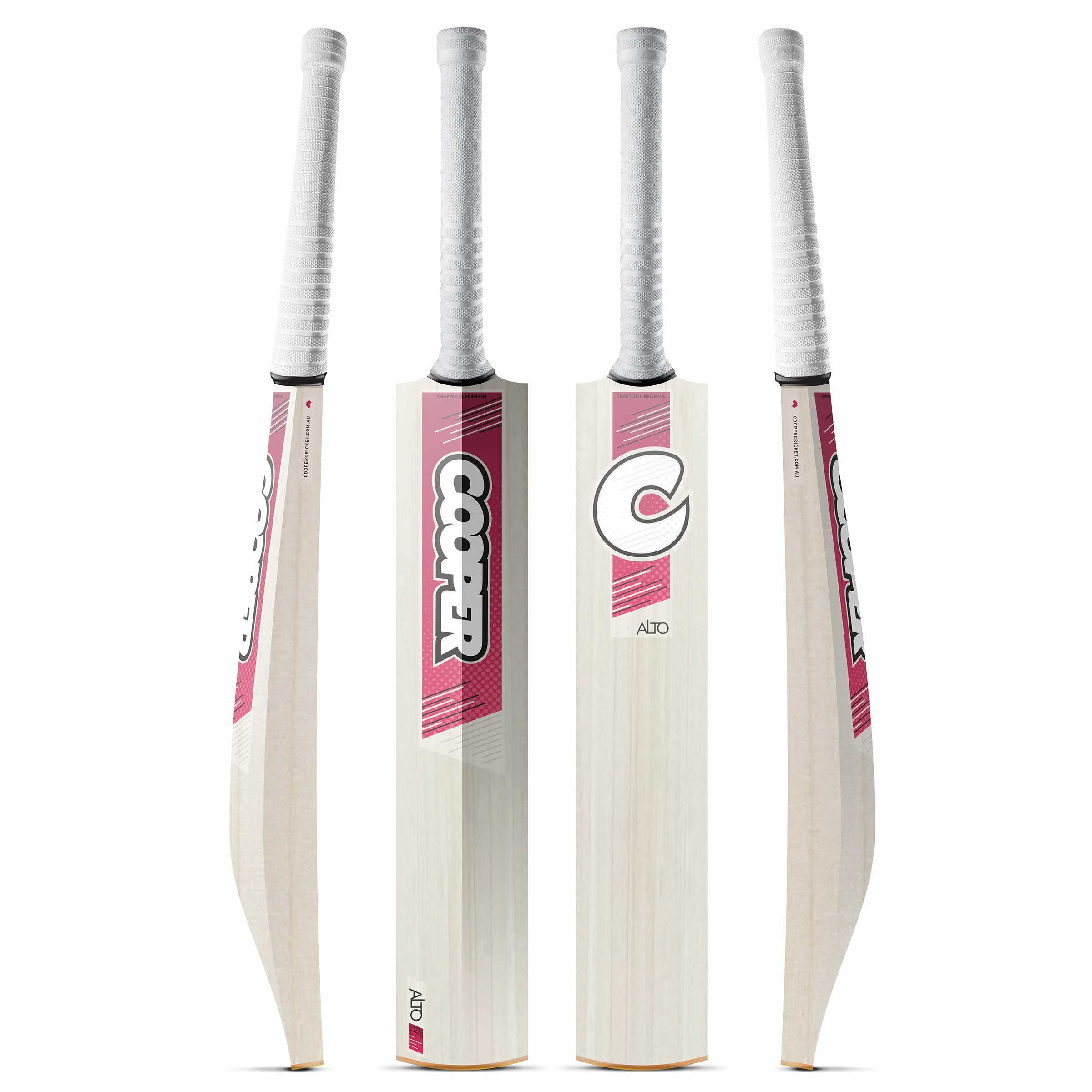 Cooper Alto junior cricket bat, red and maroon colourway, four angles