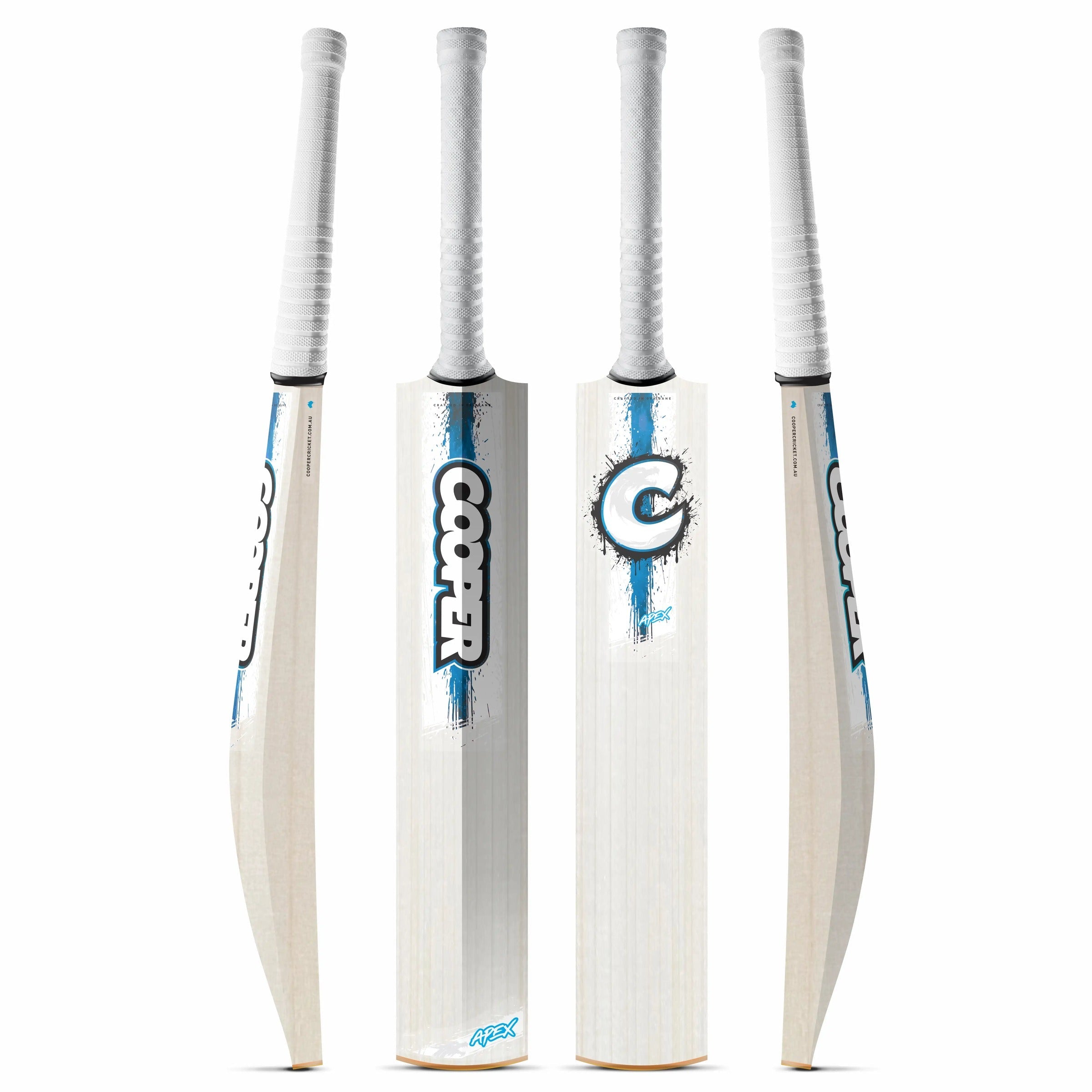 Cooper Apex cricket bat, blue colourway, four angles