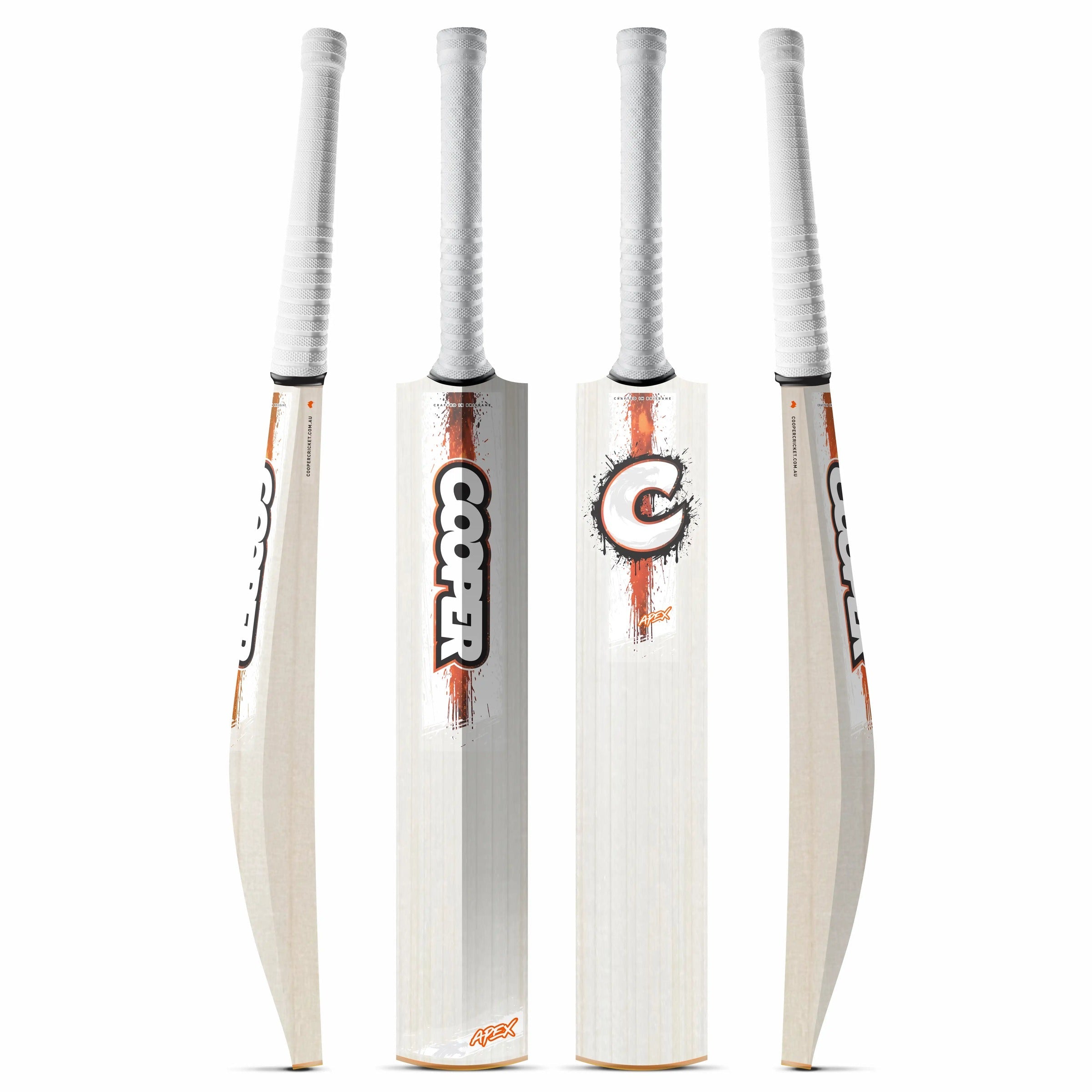 Cooper Apex junior cricket bat, orange colourway, four angles
