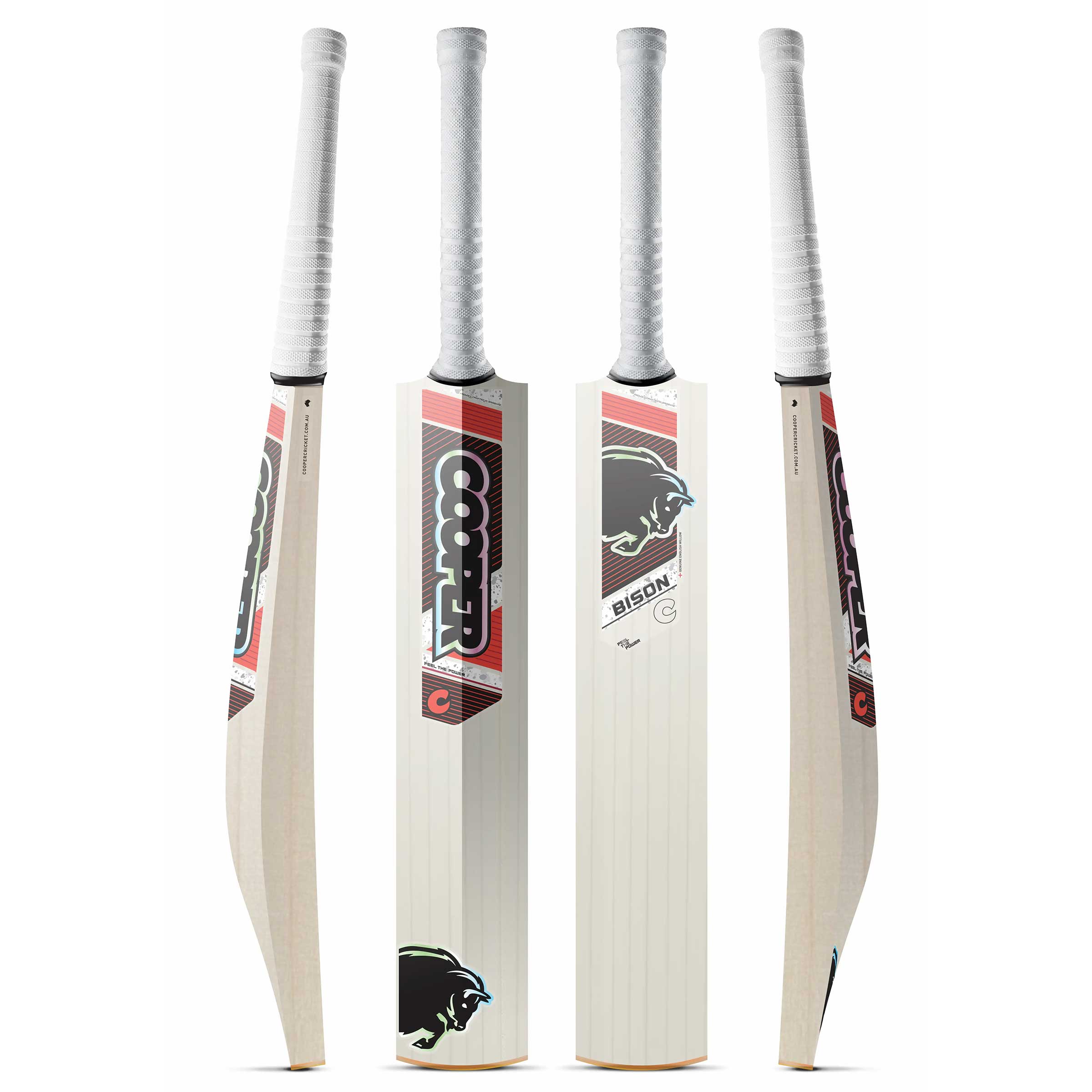Cooper Bison cricket bat, black and red colourway, four angles