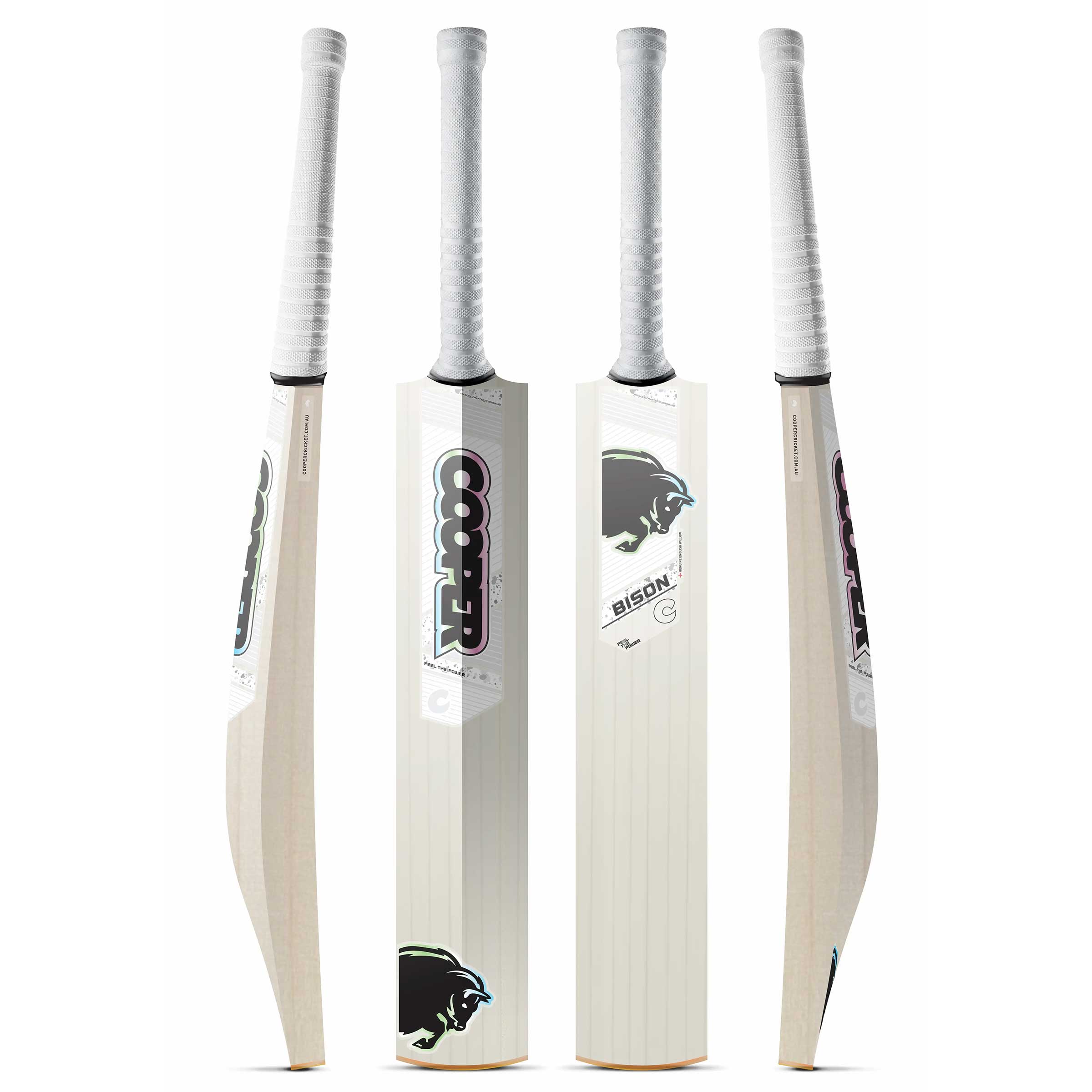Cooper Bison cricket bat, Crisp colourway, four angles