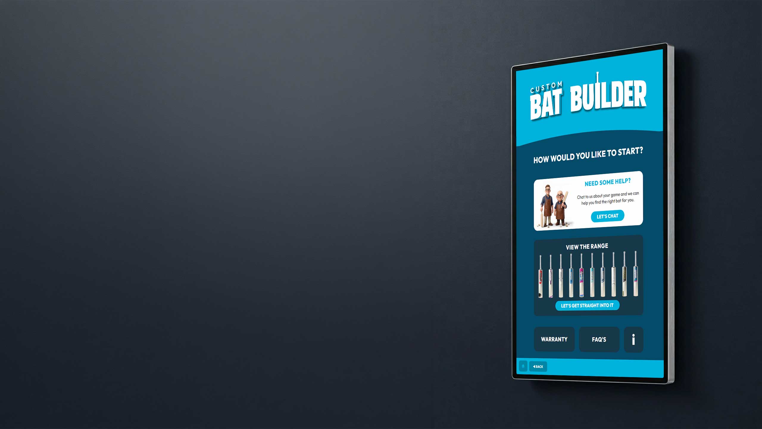 The Range page hero: Bat Builder kiosk with the ten-bat range
