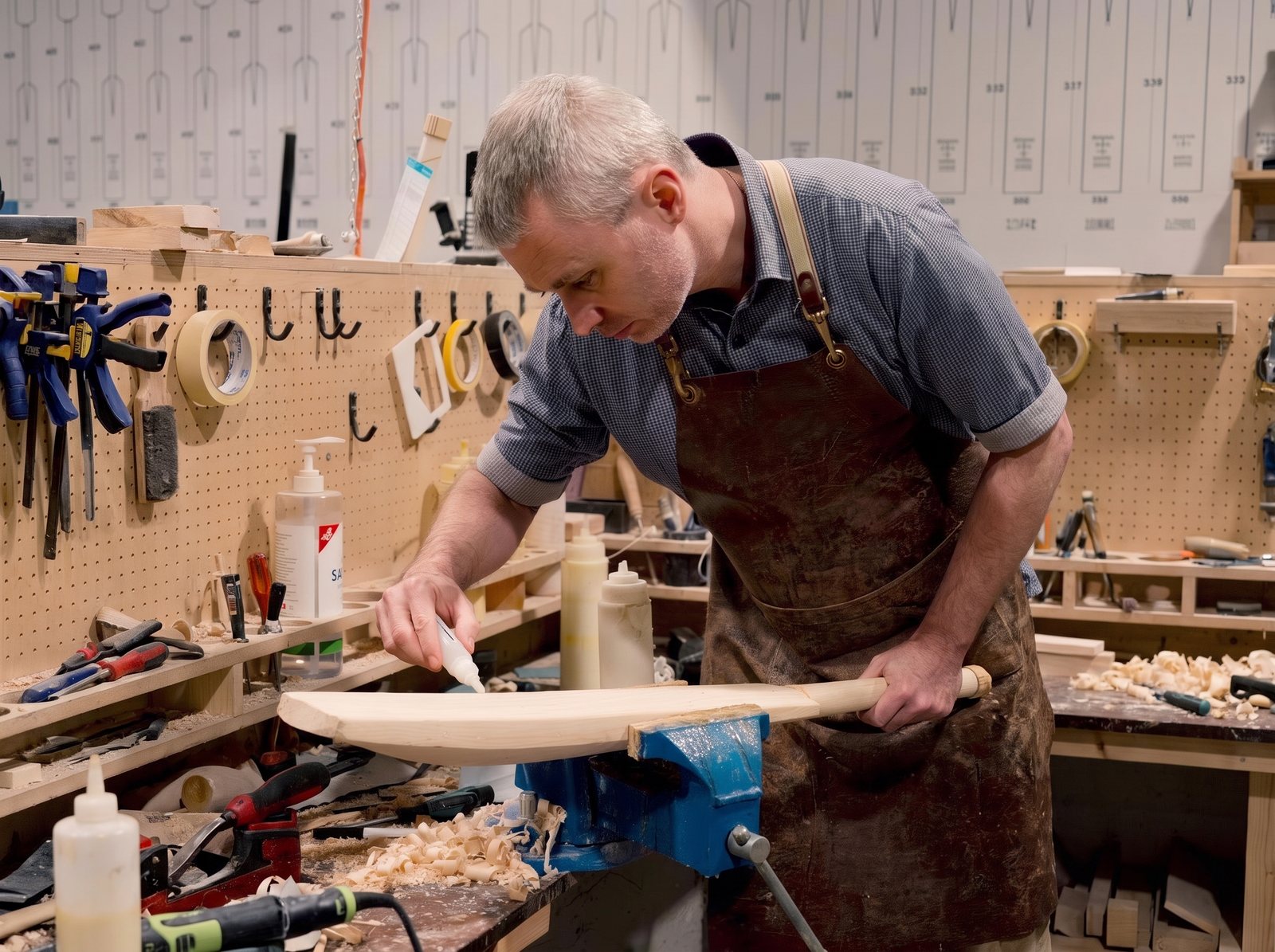 A cricket bat clamped in the vice being repaired at the Cooper Cricket workshop