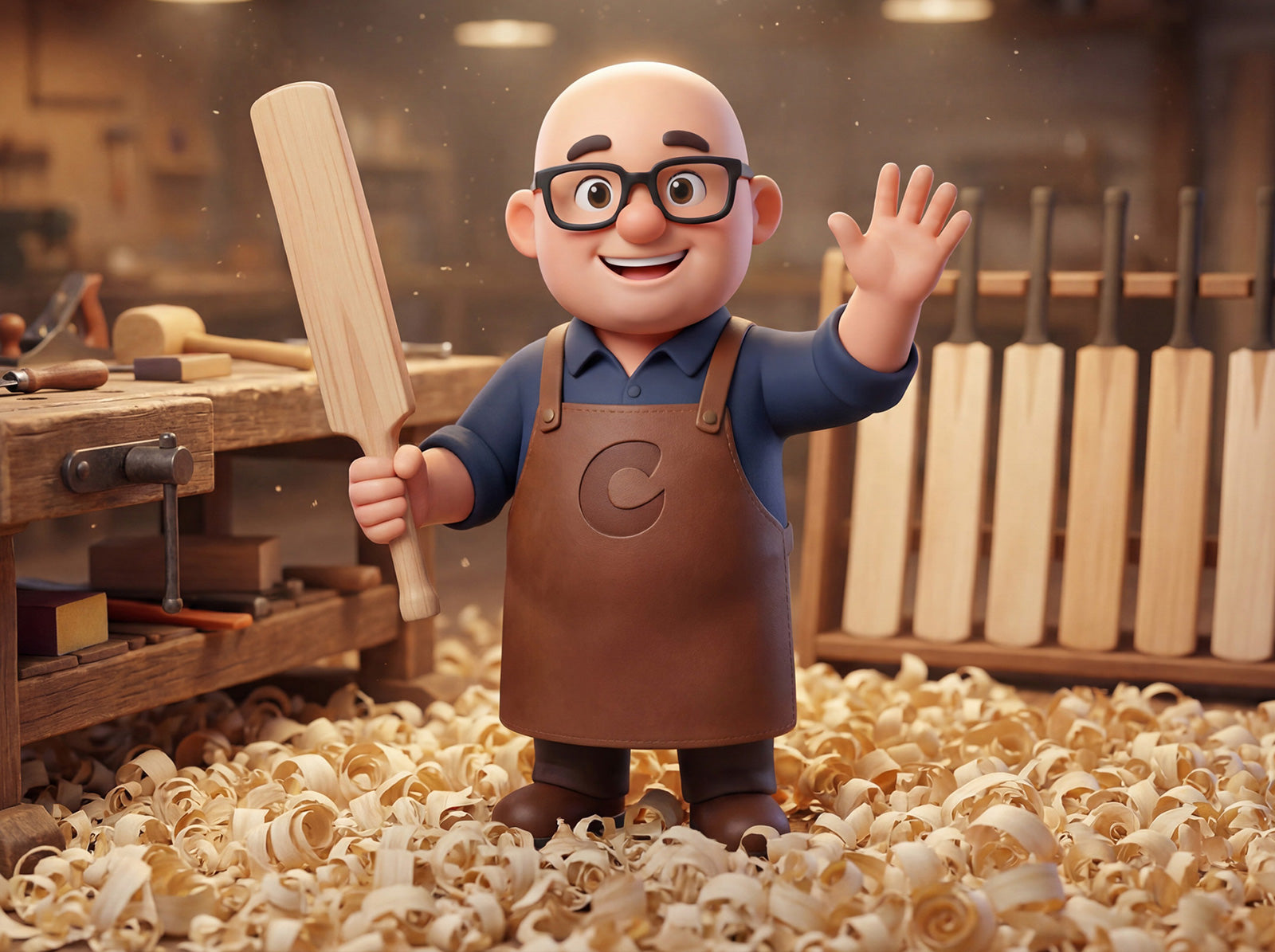 Rod the Cooper Cricket bat maker character in the workshop