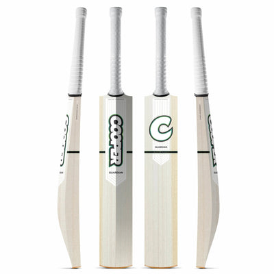 Cooper Guardian standard cricket bat, white green colourway, four angles