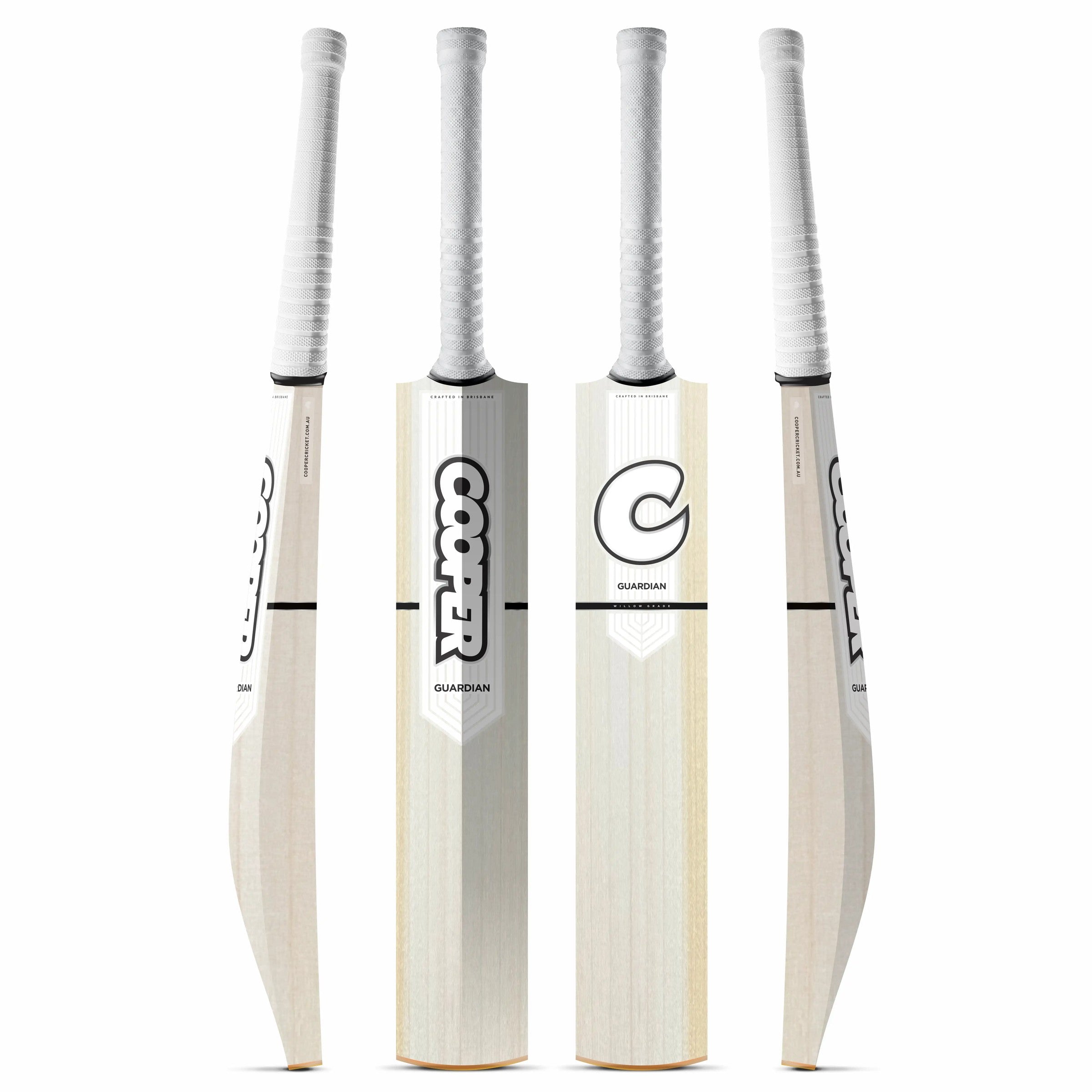 Cooper Guardian standard cricket bat, white colourway, four angles