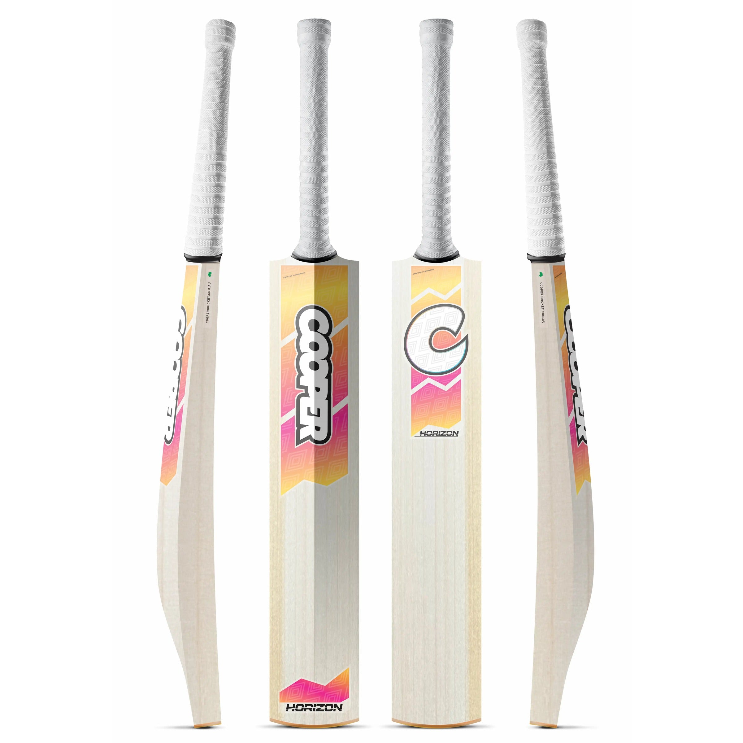 Cooper Horizon cricket bat, Sunset colourway, four angles