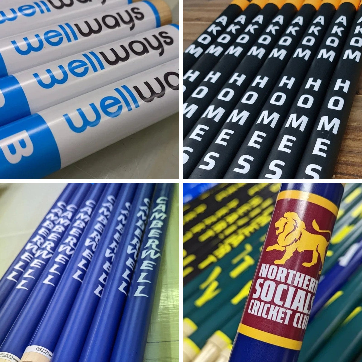 Custom stump artwork printed for four clubs and sponsors: Wellways, AAKOM Homes, Camberwell and Northern Socials Cricket Club