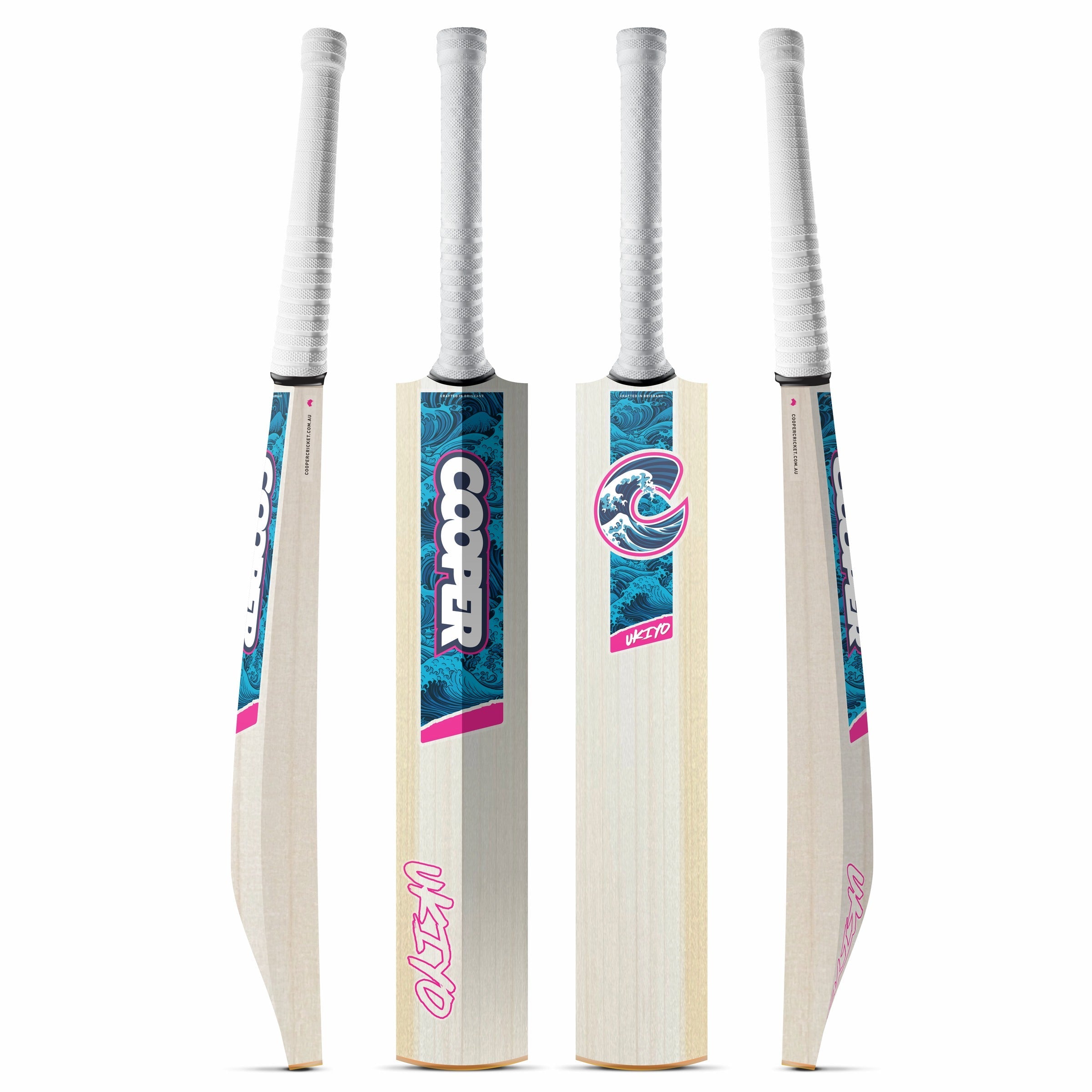 Cooper Ukiyo junior cricket bat, Great Waves colourway, four angles
