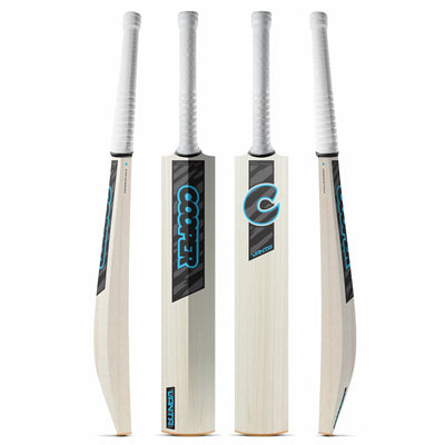 Cooper Vanta junior cricket bat, black and blue colourway, four angles