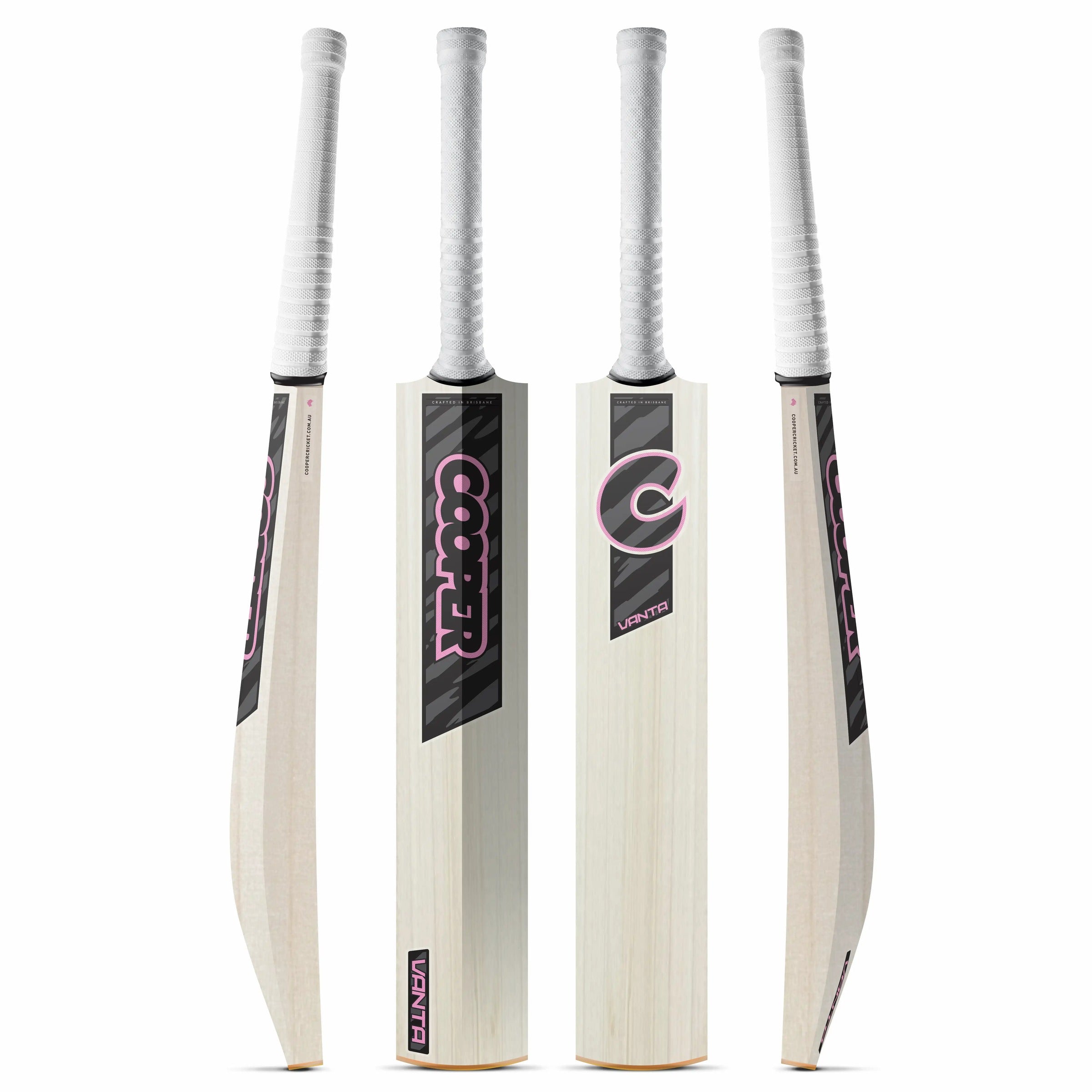 Cooper Vanta junior cricket bat, black and pink colourway, four angles