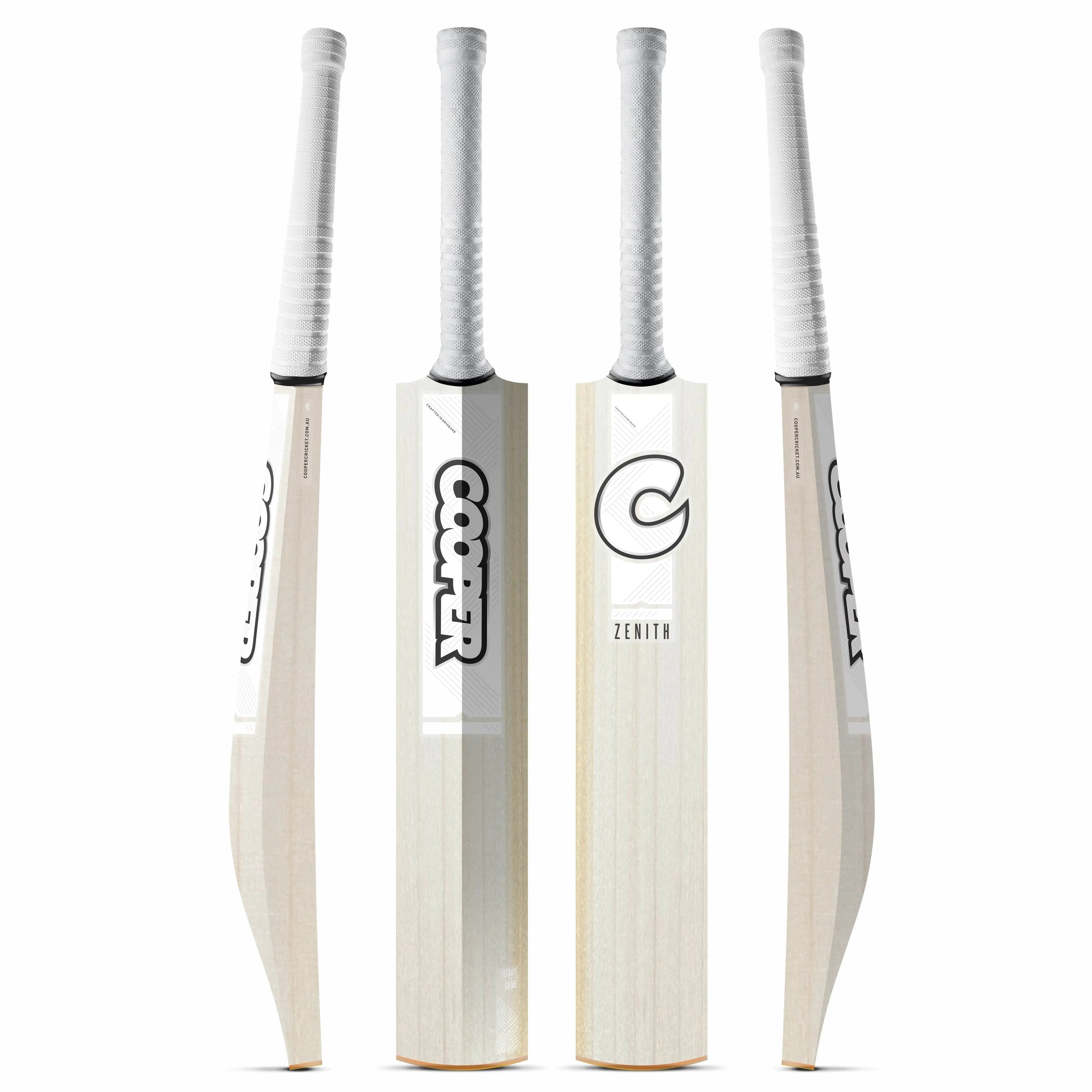 Cooper Zenith standard cricket bat, white colourway, four angles